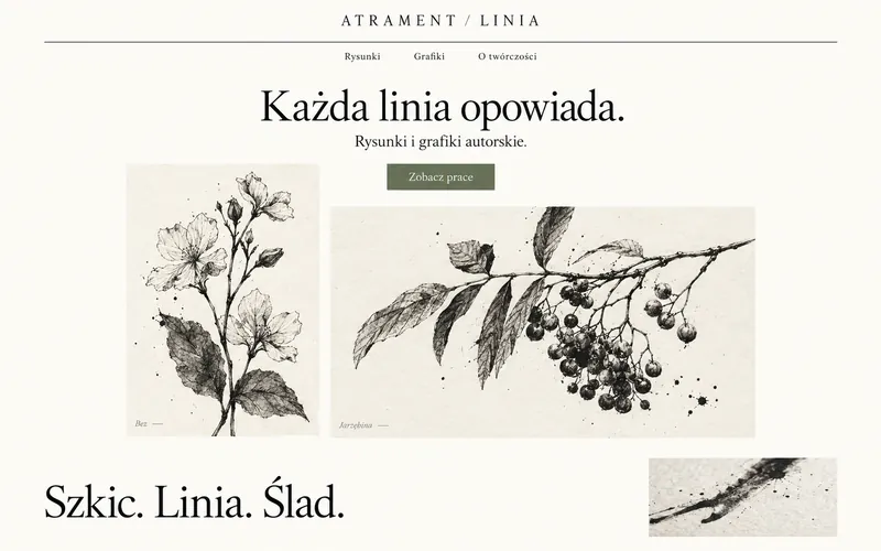 Koncepcja strony artysty — rysunek tuszem, szeryfowa typografia i dwupoziomowe menu