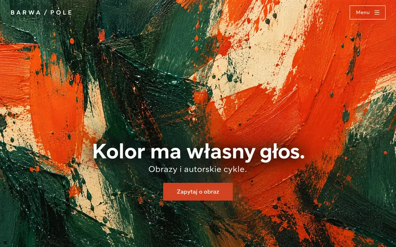 Koncepcja strony artysty — malarstwo w pełnym kadrze i zwinięte menu