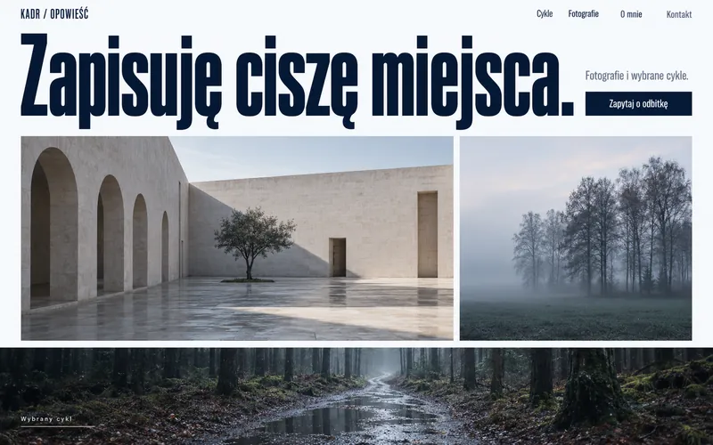Koncepcja strony artysty — fotograficzny magazyn, duży nagłówek i panoramiczny cykl