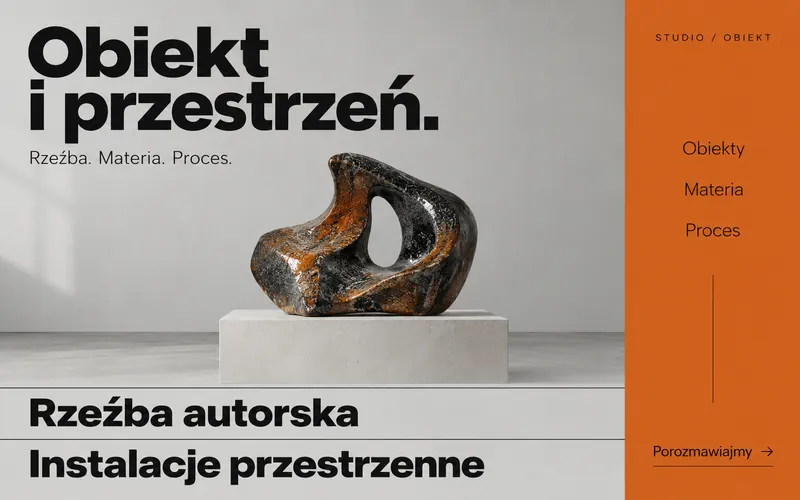Koncepcja strony artysty — rzeźbiarski brutalizm i pionowe menu po prawej