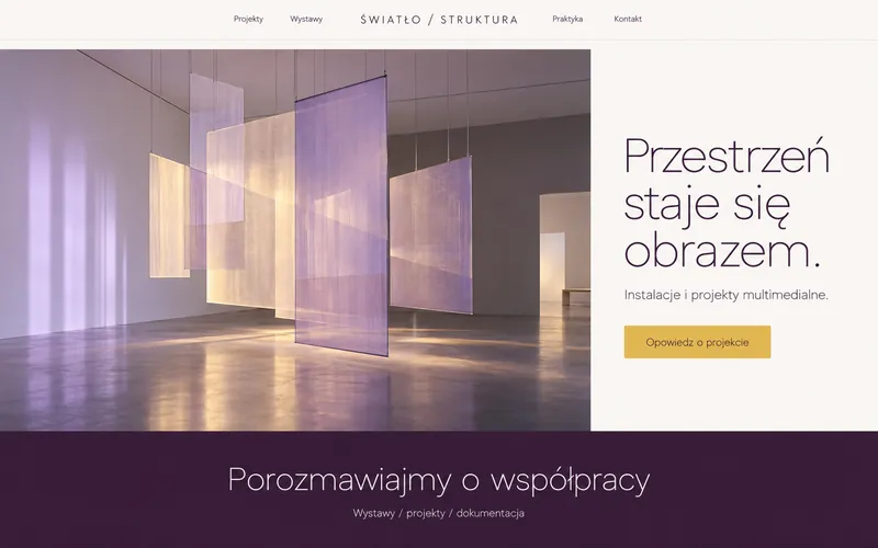 Koncepcja strony artysty — świetlna instalacja, jasny układ i panel współpracy