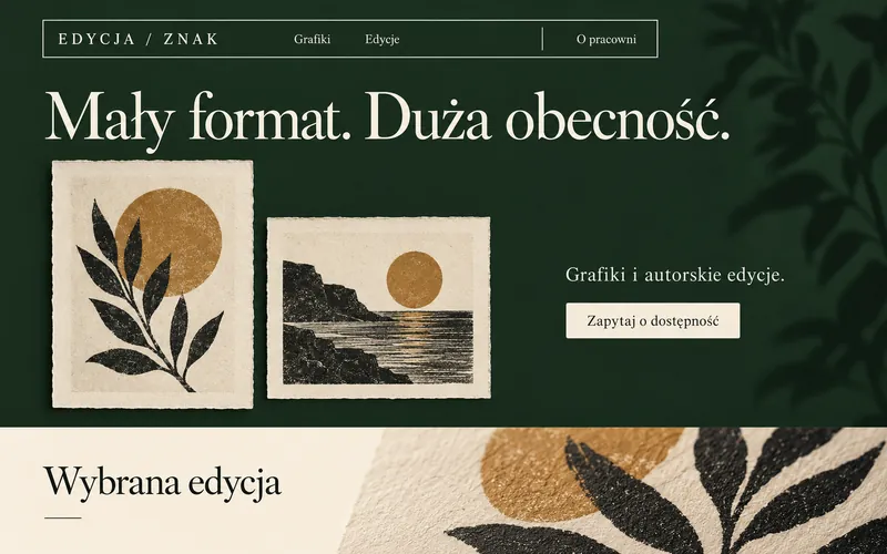 Koncepcja strony artysty — kolekcjonerskie grafiki, zieleń i pływające menu