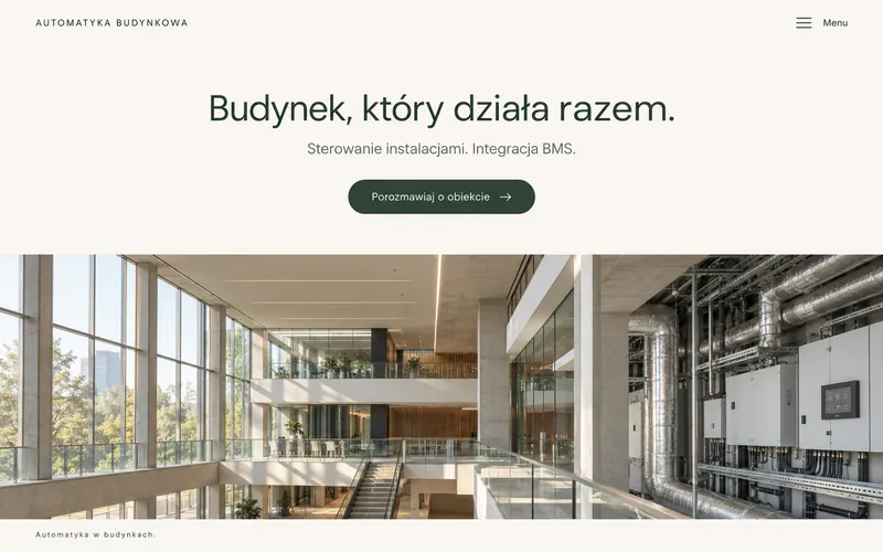 Koncepcja strony automatyki budynkowej BMS — spokojny układ ze zdjęciem obiektu