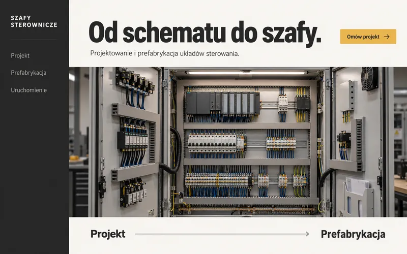 Koncepcja strony prefabrykacji szaf — pionowe menu i oś procesu