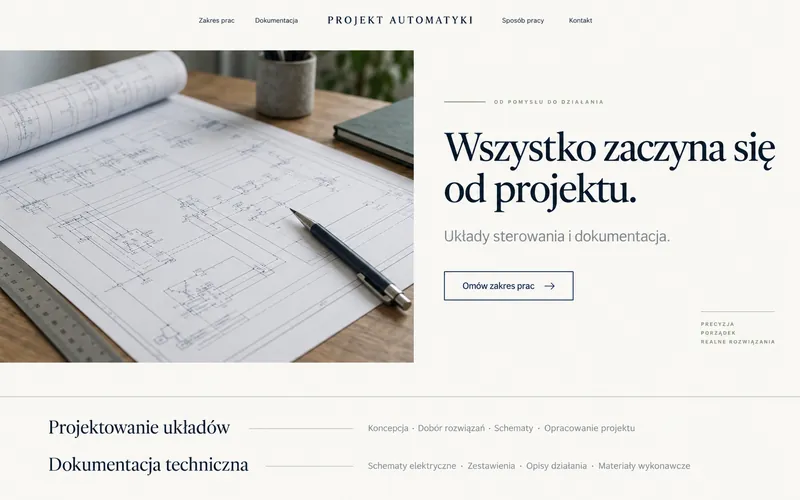 Koncepcja strony firmy projektowej — jasny układ editorial z dokumentacją