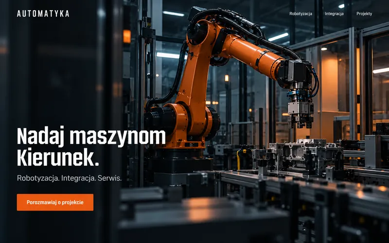Koncepcja strony automatyki — filmowy hero z robotem i pomarańczowym CTA