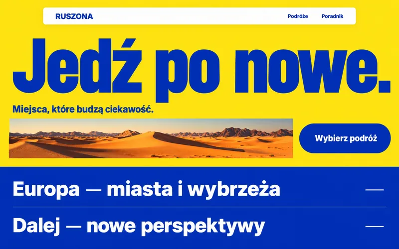 Odważny kompas — przykładowy projekt strony podróżniczej z mocną typografią
