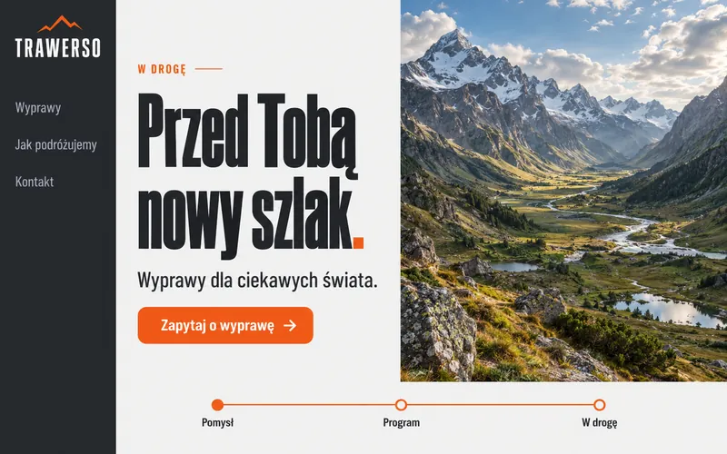 Szlak wyprawy — koncepcja strony wyjazdów aktywnych z pionowym menu