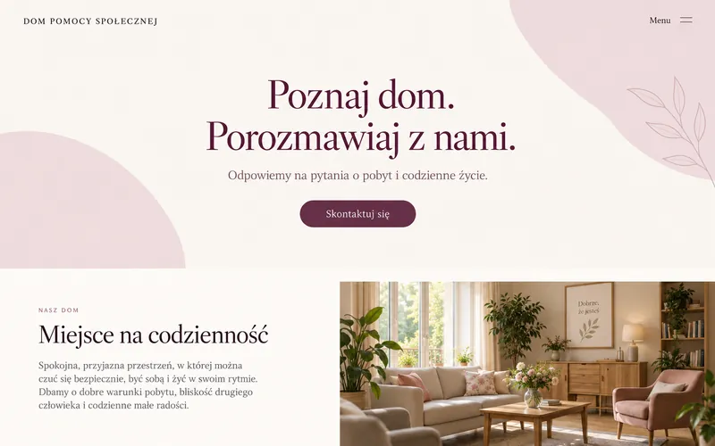 Koncepcja strony domu pomocy społecznej — śliwkowy minimalizm i kameralna prezentacja