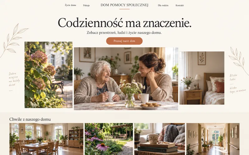 Przykładowy projekt strony DPS — ciepły kolaż codzienności domu i galeria zdjęć