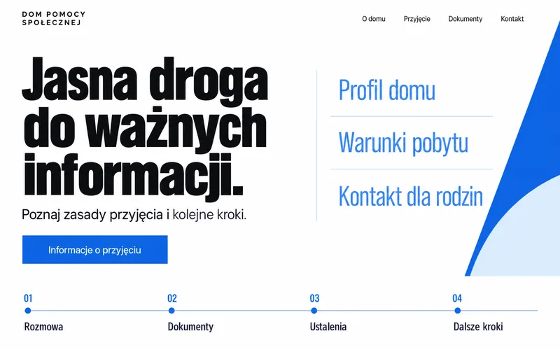 Przykładowy projekt strony DPS — niebieski układ typograficzny i cztery kroki przyjęcia