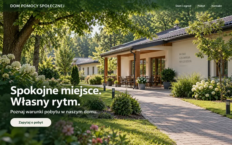 Koncepcja strony domu pomocy społecznej — pełnoekranowe zdjęcie domu w zieleni