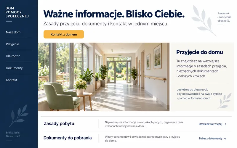 Koncepcja strony DPS — granatowa nawigacja boczna i czytelne informacje dla rodzin