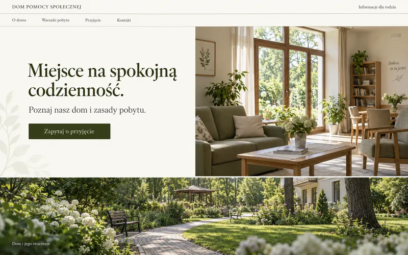 Koncepcja strony domu pomocy społecznej — spokojny układ ze zdjęciem wnętrza i ogrodu