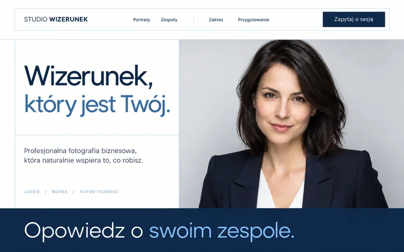 Koncepcja strony fotografii biznesowej — geometryczny układ i niezależna belka menu