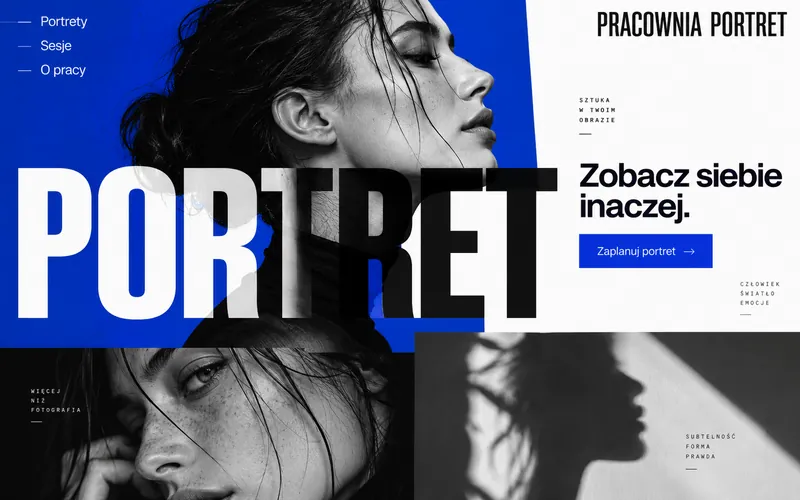 Koncepcja strony fotografii portretowej — kobaltowy kolaż i artystyczna typografia