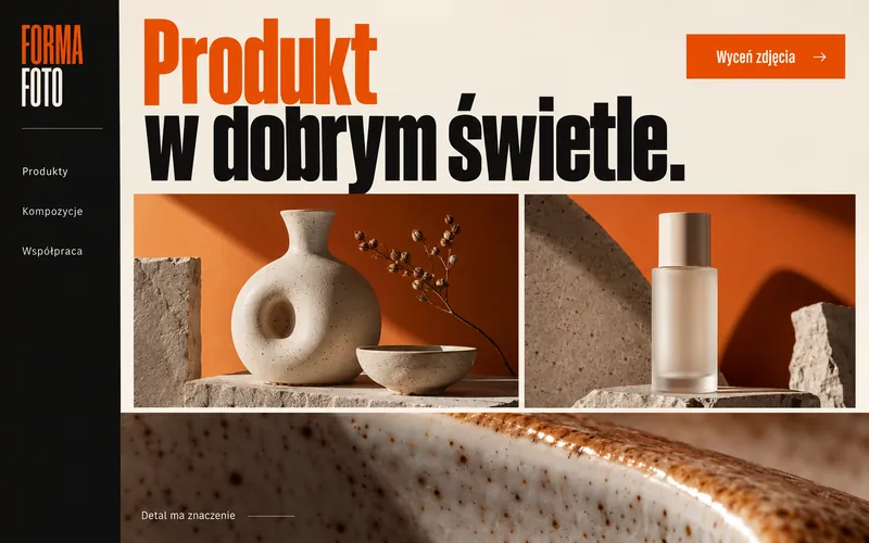Koncepcja strony fotografii produktowej — pomarańczowa typografia i pionowe menu