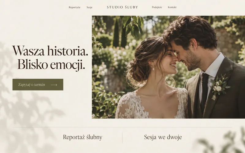 Koncepcja strony fotografa ślubnego — elegancki editorial z centralnym menu