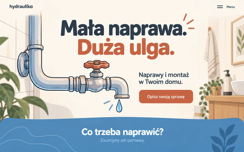 Koncepcja strony hydraulika z ilustracją rur i prostym menu