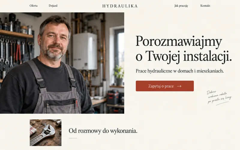 Koncepcja strony hydraulika z portretem fachowca i centralnym menu