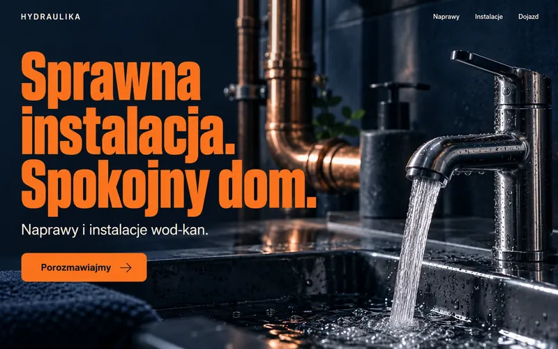 Koncepcja strony hydraulika z granatowym hero fotograficznym i pomarańczową typografią