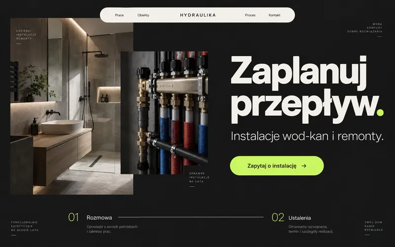 Koncepcja strony hydraulika z kolażem zdjęć i limonkowym akcentem