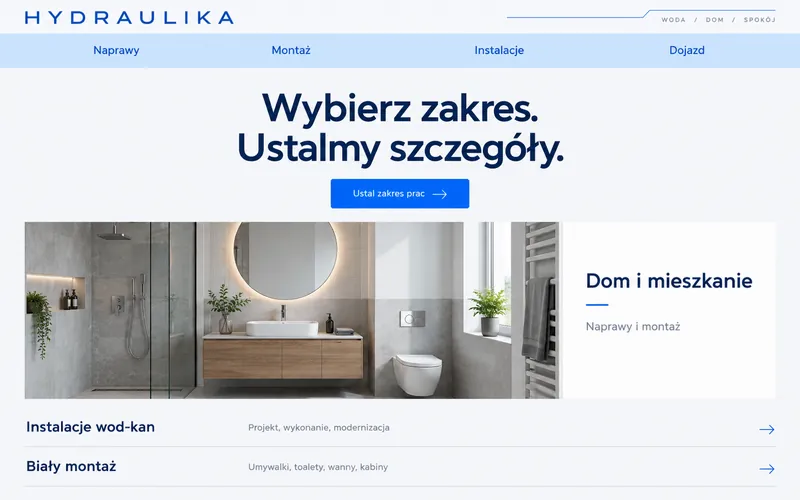 Koncepcja strony hydraulika z dwupoziomowym menu i uporządkowaną ofertą