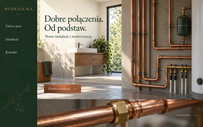 Koncepcja strony hydraulika z pionową nawigacją i detalem miedzianej instalacji