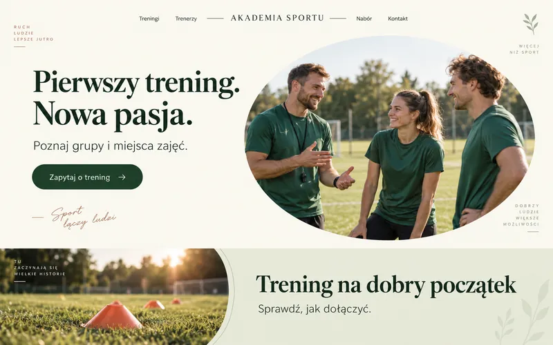 Koncepcja strony akademii sportowej — ciepły układ z centralnym menu