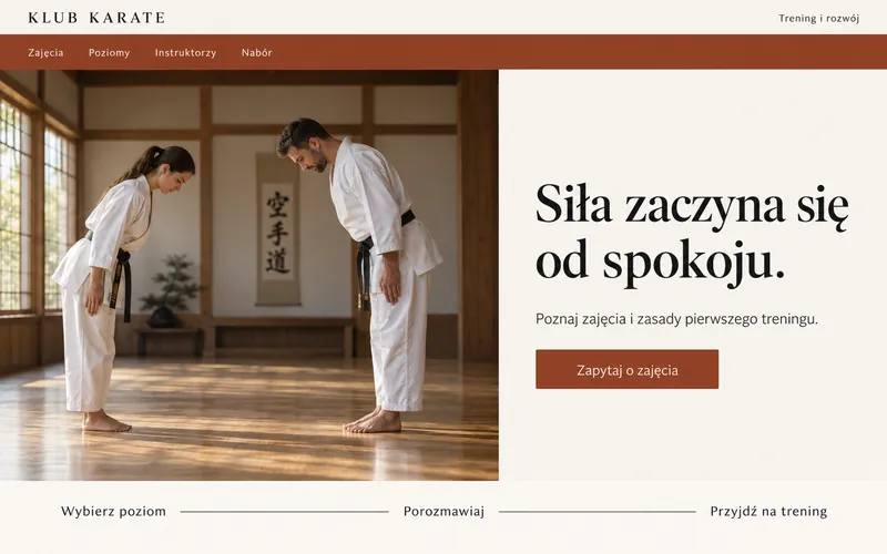 Koncepcja strony klubu karate — szeryfowy split i dwupoziomowe menu