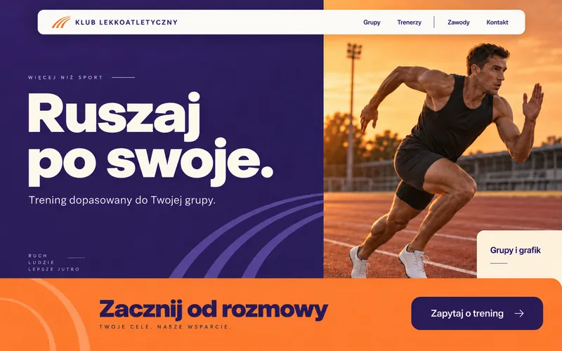 Koncepcja strony klubu lekkoatletycznego — moduły fioletowe i pomarańczowe