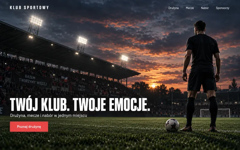 Koncepcja strony klubu sportowego — stadionowy hero na pełnym zdjęciu