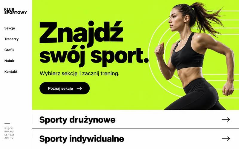 Koncepcja strony klubu wielosekcyjnego — limonkowa typografia i menu boczne