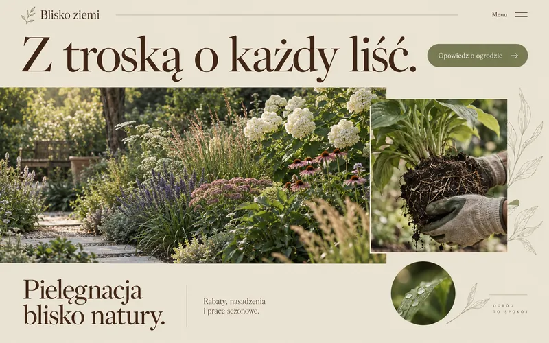 Przykładowa koncepcja strony ogrodnika — Blisko ziemi: editorial z dużym tytułem u góry i nieregularnym kolażem dwóch zdjęć