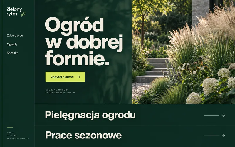 Przykładowa koncepcja strony ogrodnika — Leśny manifest: ogromna groteskowa typografia pośrodku, pionowe zdjęcie ogrodu po prawej