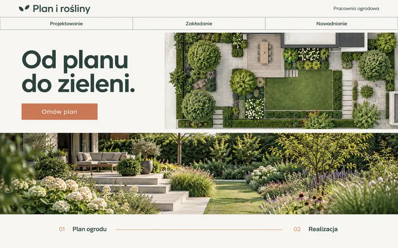 Przykładowa koncepcja strony ogrodnika — Plan i rośliny: modularna siatka: typografia i plan z góry, niżej duże zdjęcie