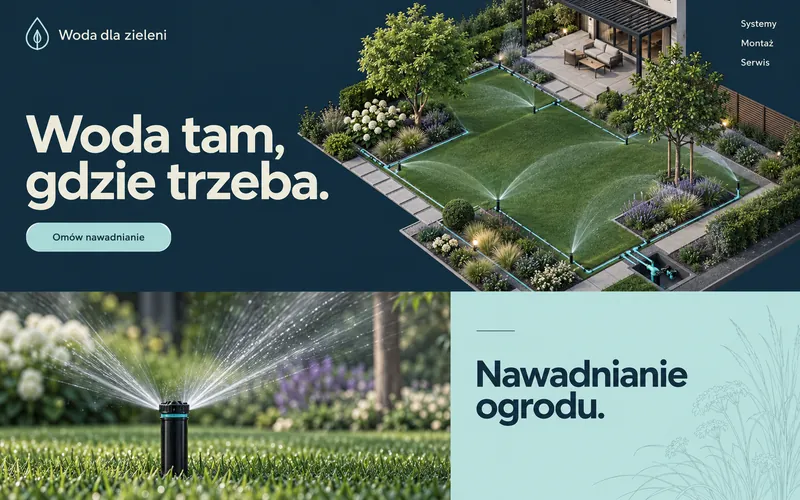 Przykładowa koncepcja strony ogrodnika — Woda dla zieleni: jasny tytuł po lewej, duża izometryczna ilustracja ogrodu z obiegiem wody po prawej