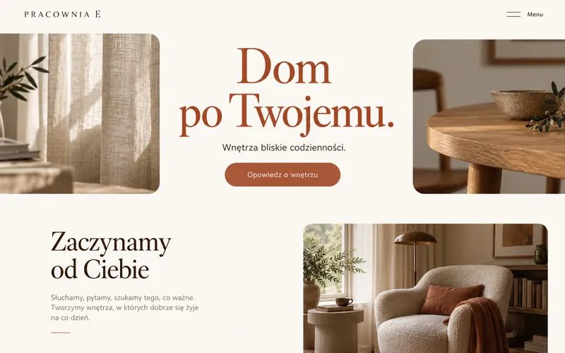 Ciepła koncepcja strony pracowni wnętrz z centralnym nagłówkiem i minimalnym menu