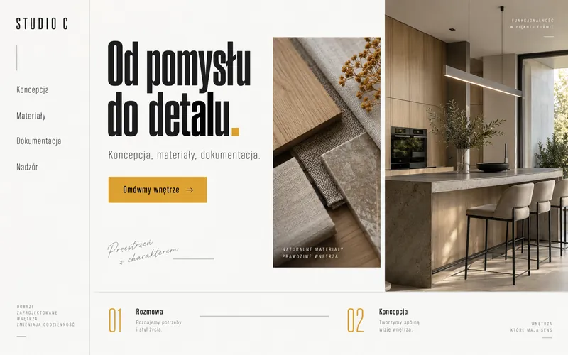 Koncepcja strony projektanta wnętrz z pionowym menu, materiałami i osią procesu