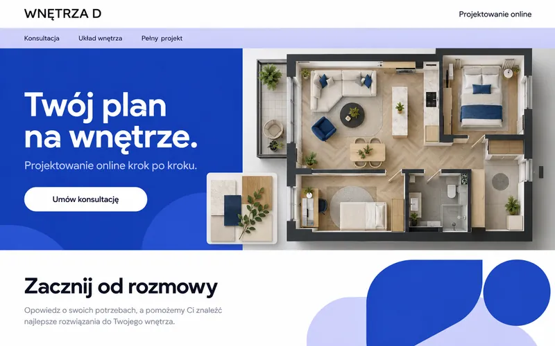 Koncepcja strony projektowania wnętrz online z planem mieszkania i dwupoziomowym menu