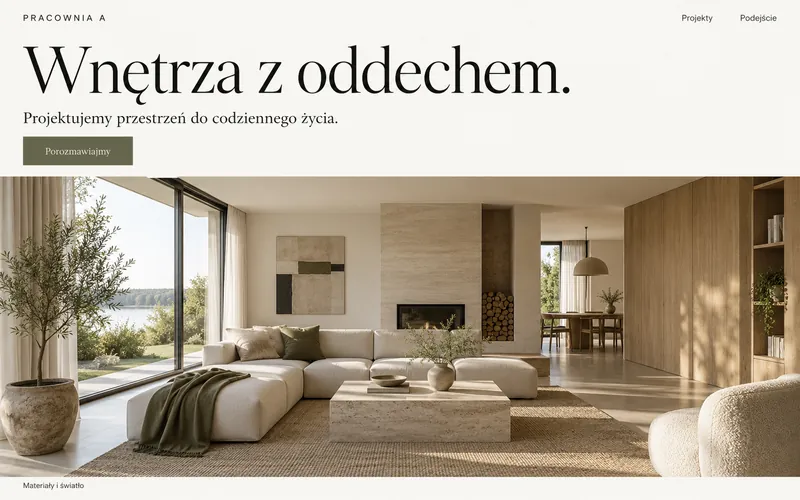 Redakcyjna koncepcja strony projektanta wnętrz z dużą fotografią i jasną typografią