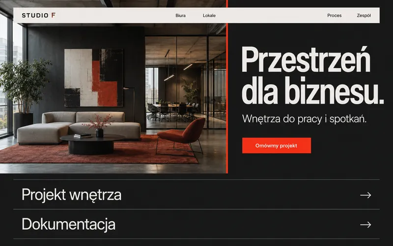 Koncepcja strony wnętrz komercyjnych z pływającą nawigacją i typograficzną listą usług