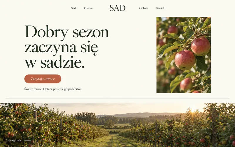 Przykładowa koncepcja strony dla rolników — redakcyjna opowieść o sadzie