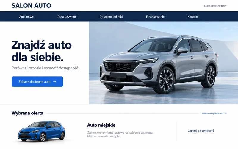 Koncepcja strony salonu samochodowego — przejrzysty katalog