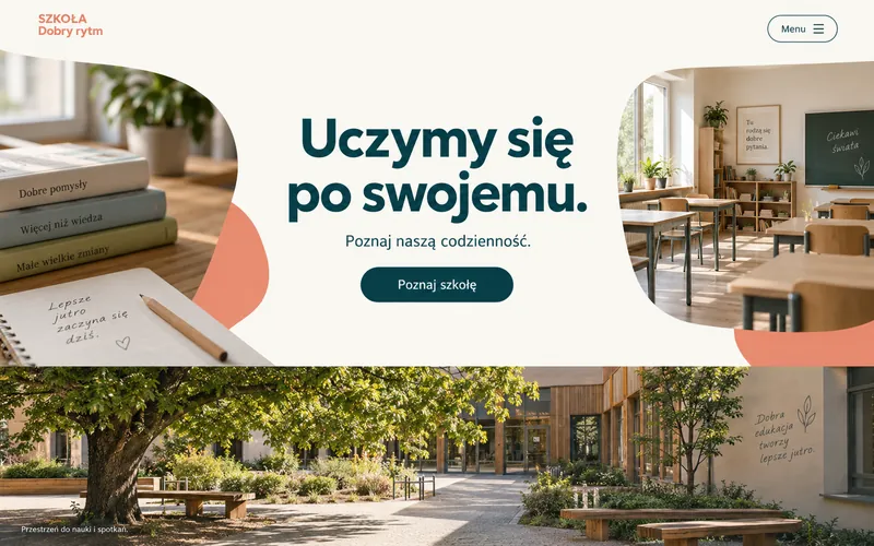 Koncepcja strony szkoły niepublicznej — centralny kolaż i minimalistyczny Dobry rytm