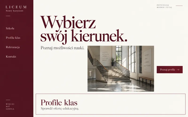 Koncepcja strony liceum — boczne menu i szeryfowy styl Nowy horyzont