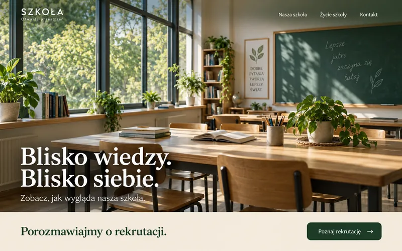Koncepcja strony szkoły — pełne zdjęcie klasy i Otwarta przestrzeń