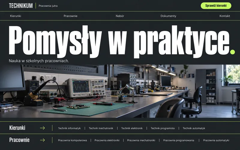 Koncepcja strony technikum — dwupoziomowe menu i grafitowa Pracownia jutra