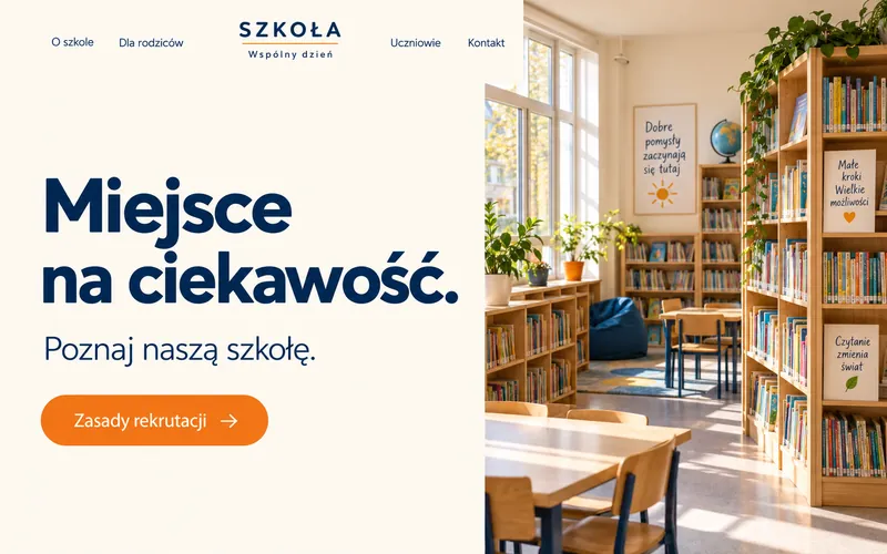 Koncepcja strony szkoły podstawowej — centralne menu i jasny układ Wspólny dzień