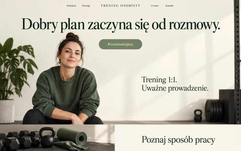 Koncepcja strony trenera personalnego — editorial z centralnym menu